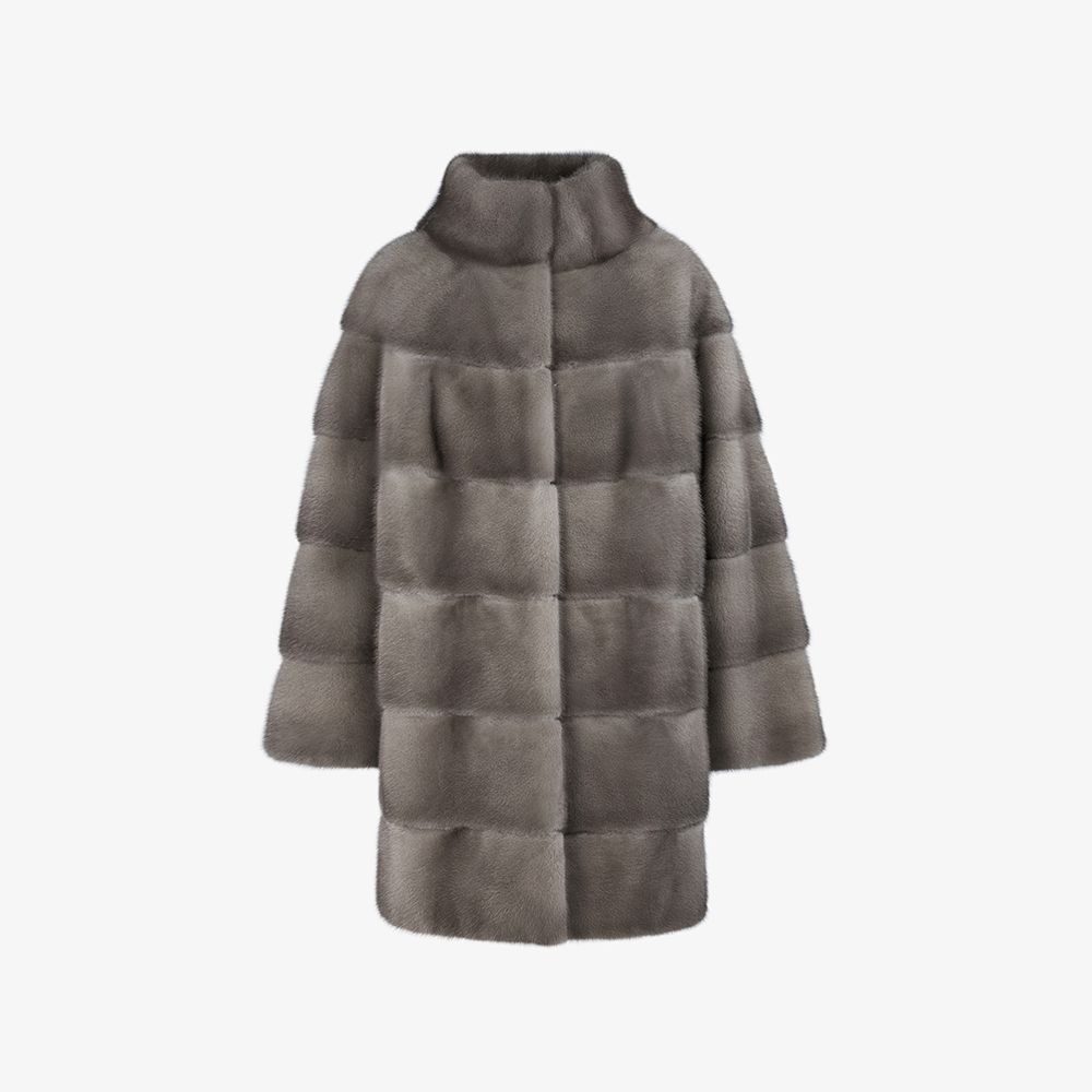 Cappotto in visone, collo alto, oversized, silver blue 85 cm