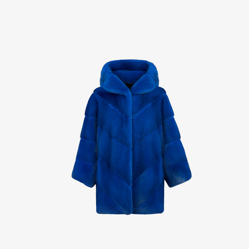 Giacca di visone ampia vestibilità con cappuccio blu elettrico 75 cm
