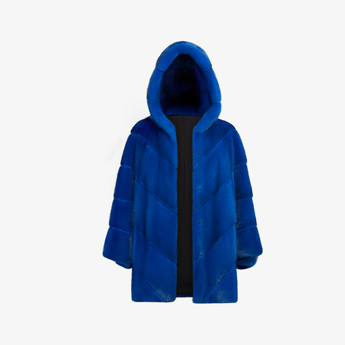 Loose fit mink jacket with hood, electric blue, 75 cm