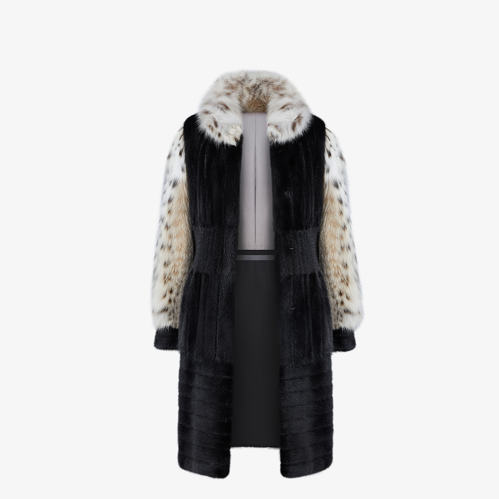 Cappotto di visone con collo e maniche in linciotto 100cm