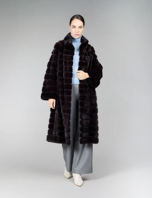 Cappotto di visone con collo alto, melanzana, 110 cm