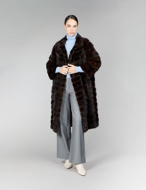 Cappotto di visone con collo alto, mogano, 110 cm