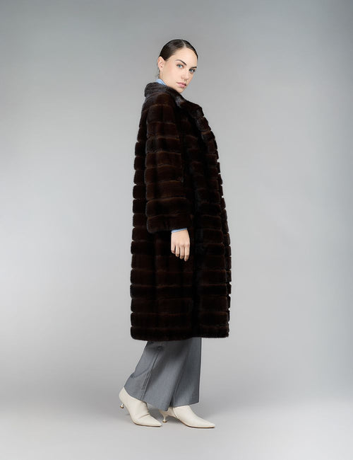 Mink coat with high collar, mahogany, 110 cm