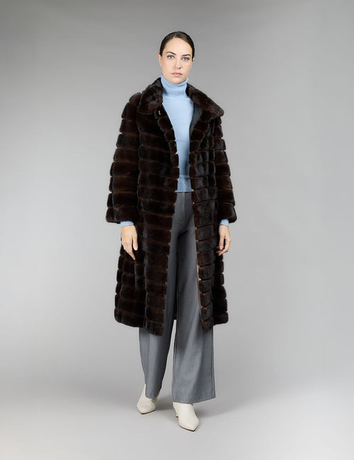 Mink coat with high collar, mahogany, 110 cm