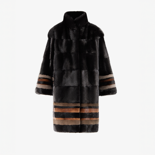 Cappotto di visone con collo alto e lavorazione orizzontale nero 90 cm