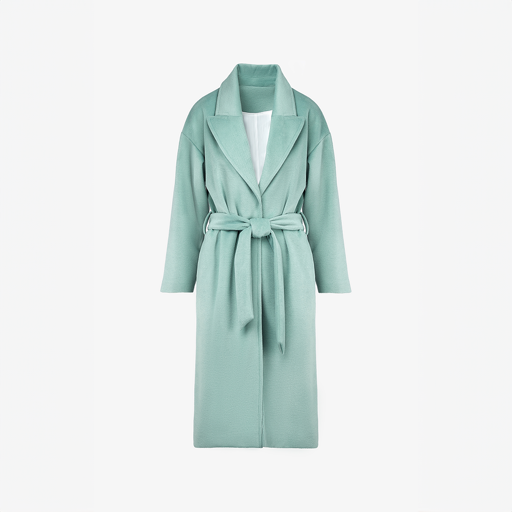 Long wool coat with belt, mint color, 110 cm
