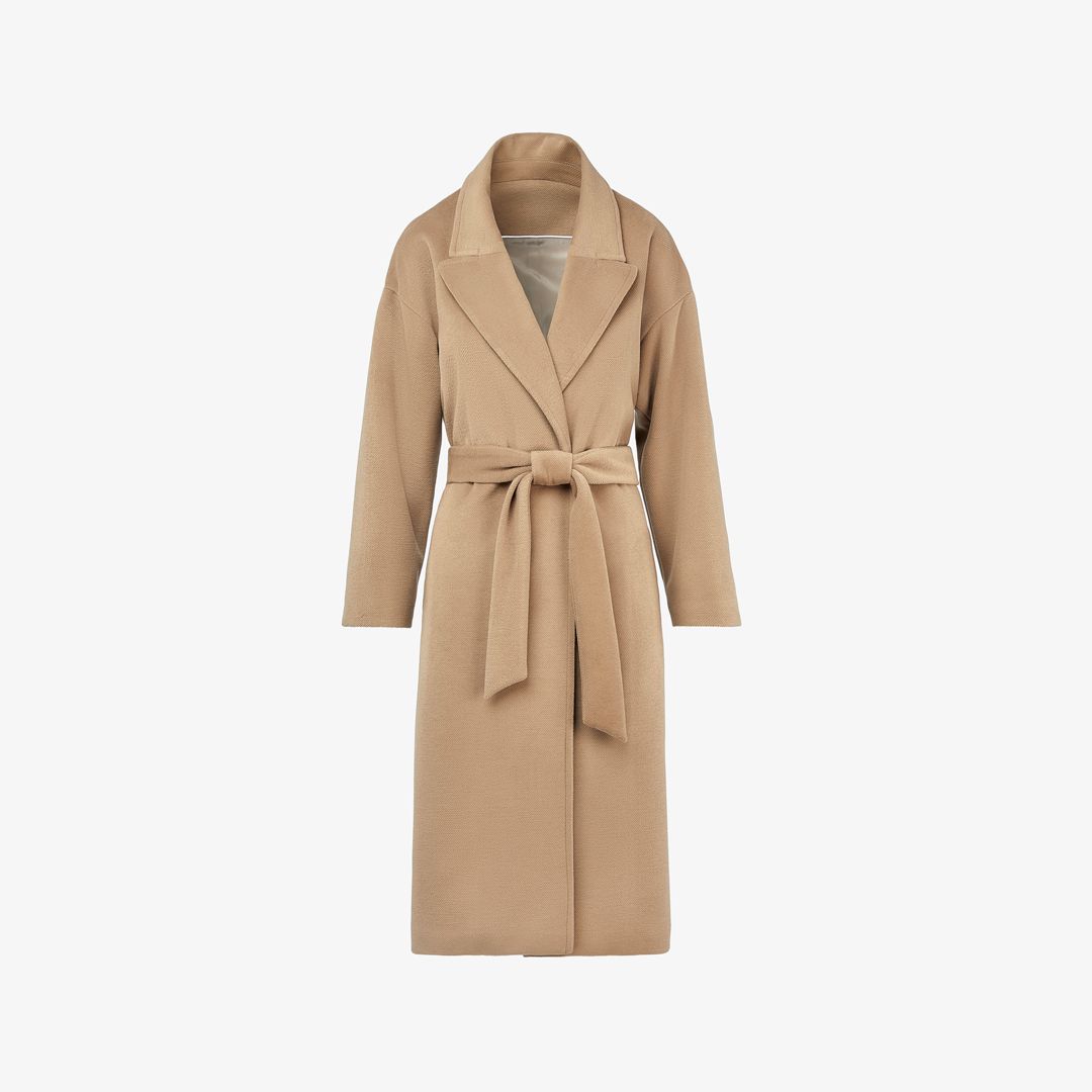Cappotto in lana lungo con cintura, cammello, 110 cm
