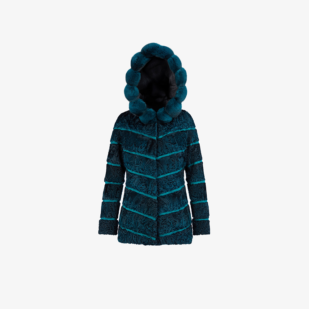 Short Persian jacket with a 70cm petrol chinchilla hood.