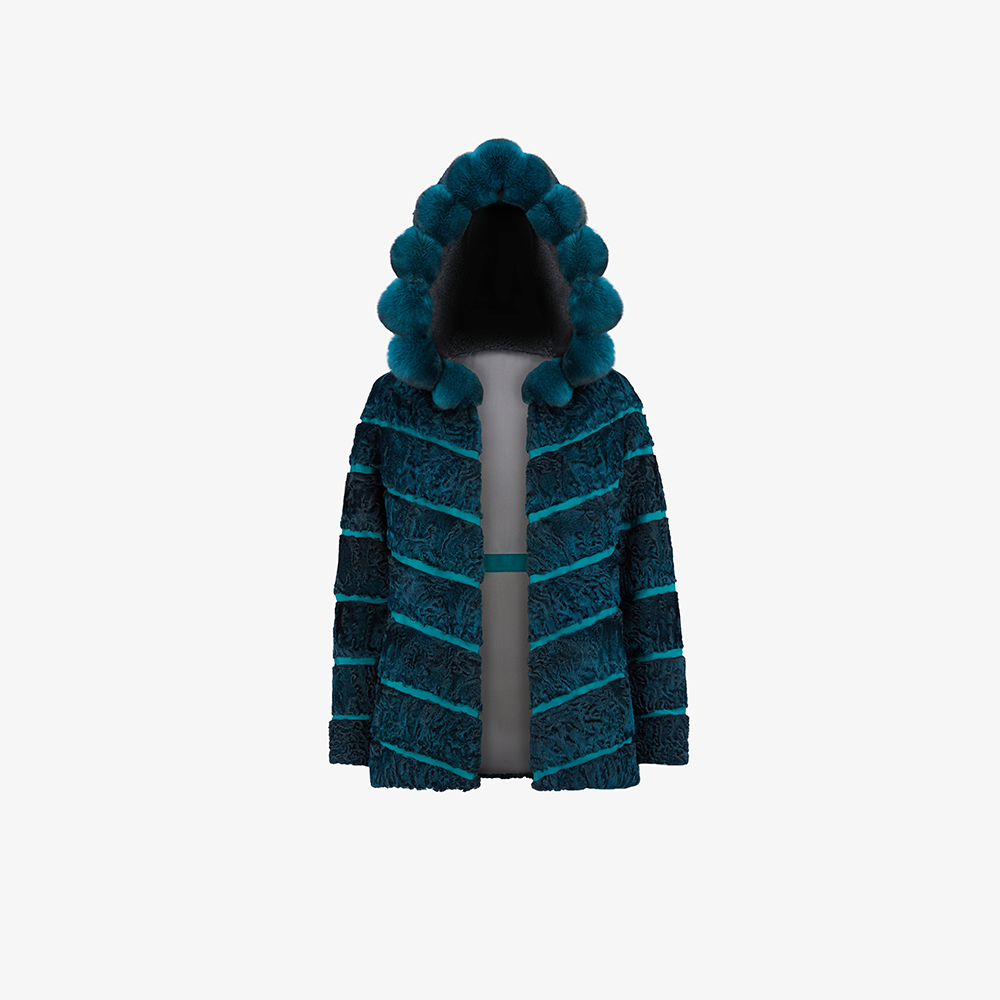 Short Persian jacket with a 70cm petrol chinchilla hood.