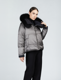 Piumino corto reversibile con cappuccio in volpe grigio 68 cm