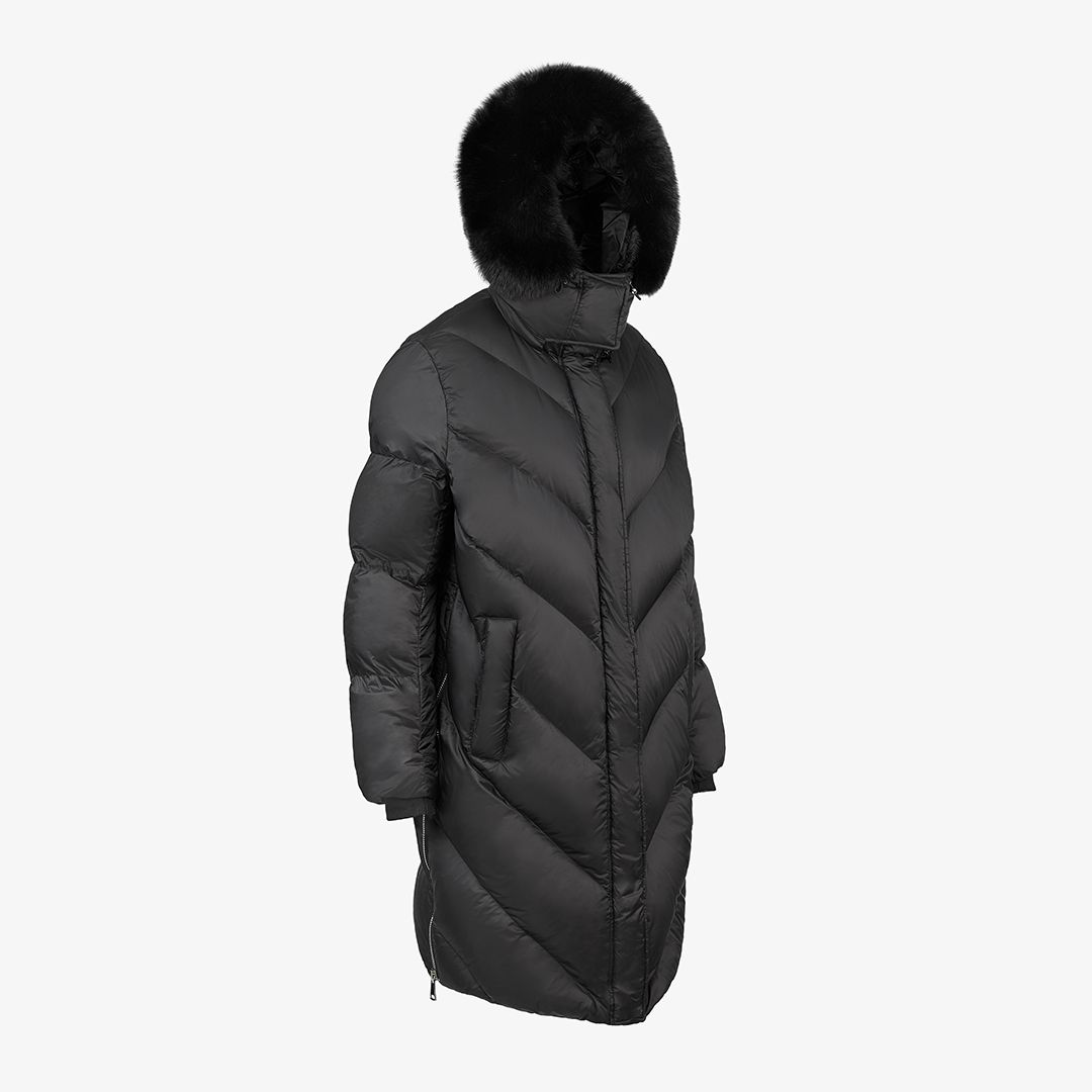 Piumino lungo con cappuccio in volpe nero 90 cm