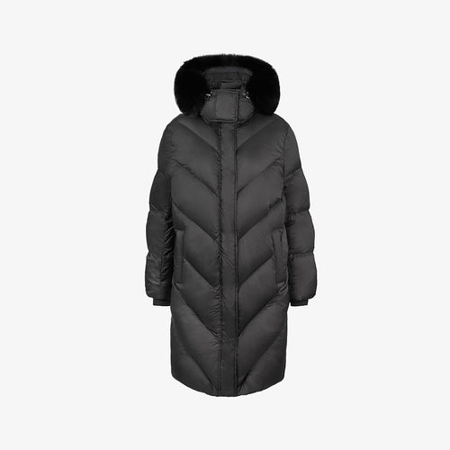 Piumino lungo con cappuccio in volpe nero 90 cm