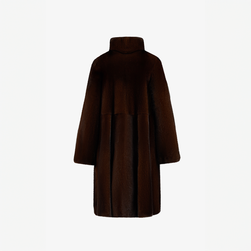 Cappotto di visone a pelle intera con collo alto mogano 110 cm