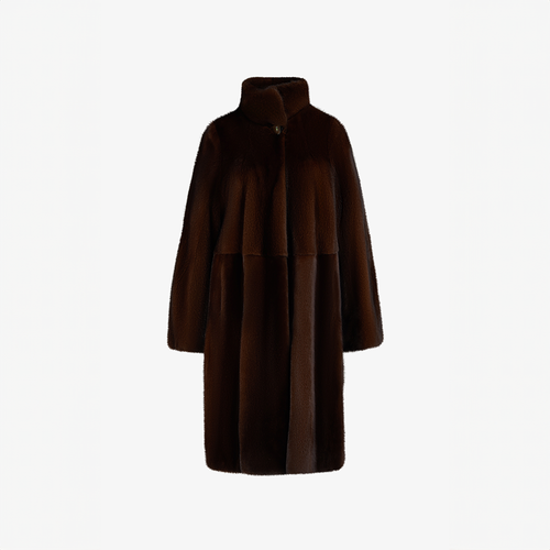 Cappotto di visone a pelle intera con collo alto mogano 110 cm