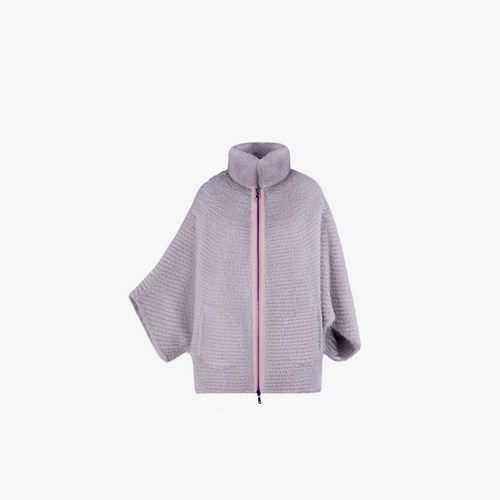 Mantella di visone filettato reversibile con zip rosa cipria 75cm
