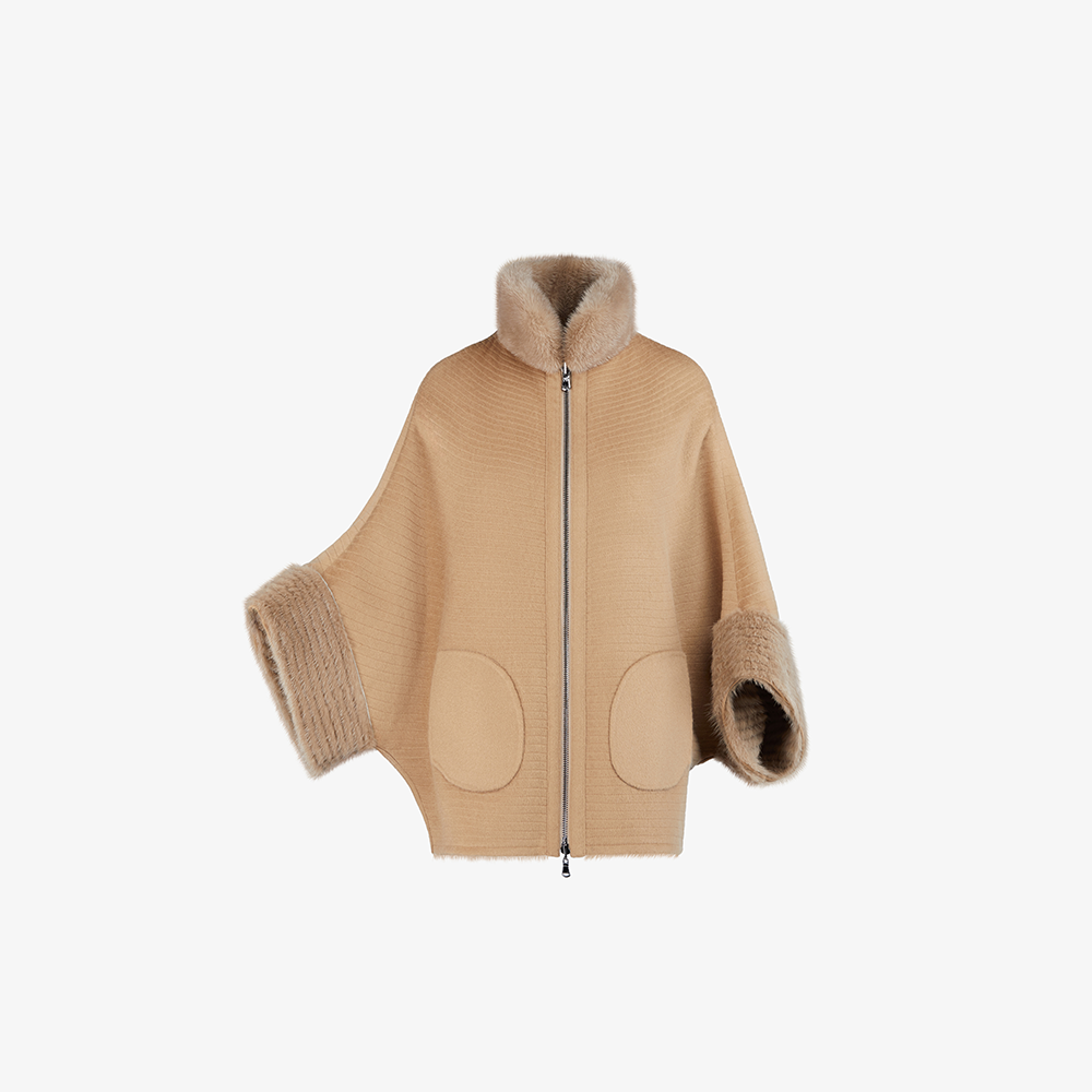 Mantella di visone filettato reversibile con zip cammello 75cm