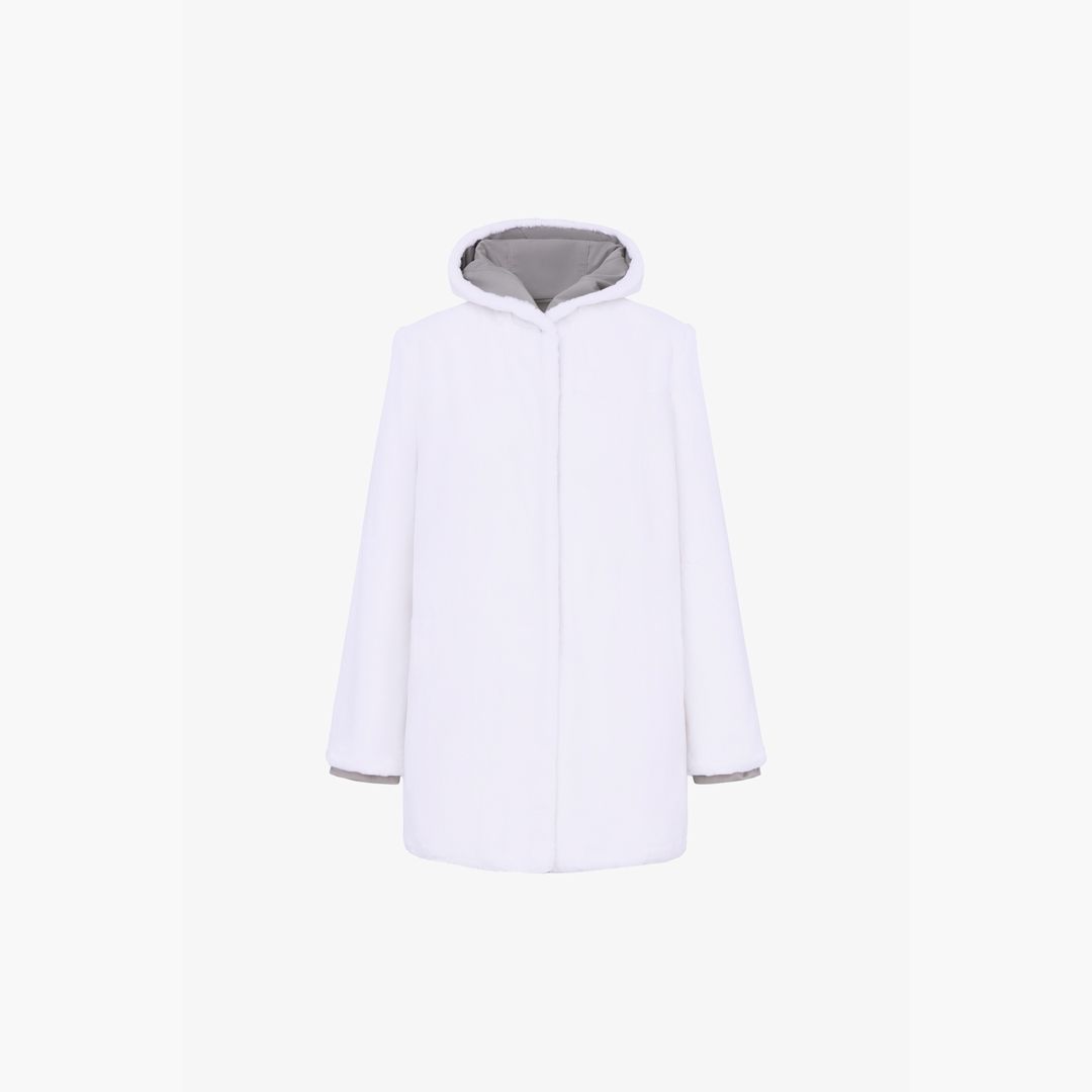 Giacca in rex reversibile con cappuccio, bianca, 80 cm