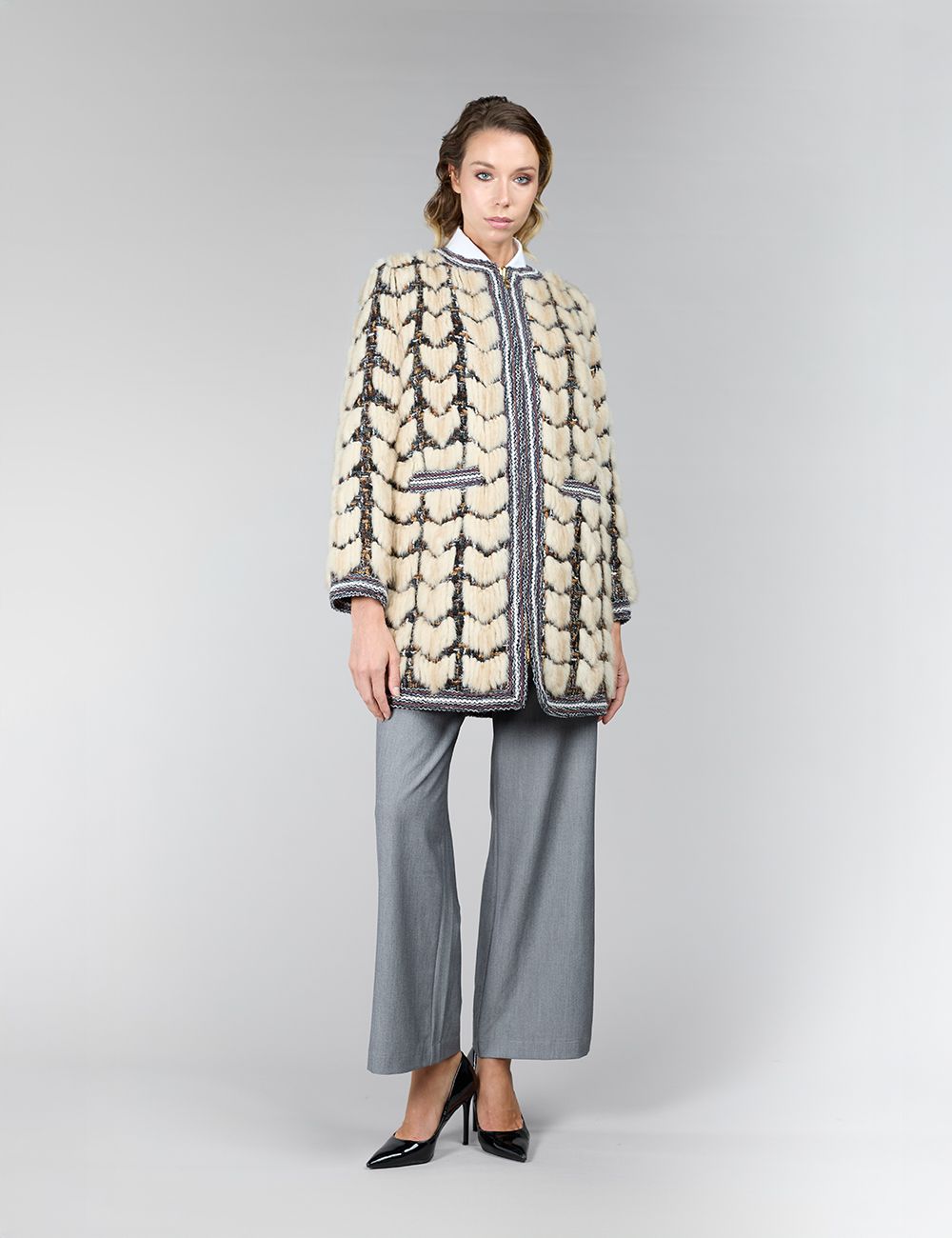 Cappotto in visone, senza collo, beige, 85 cm