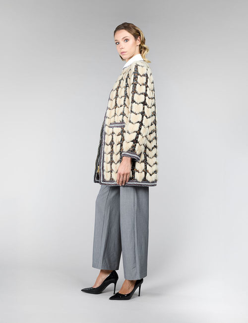 Cappotto in visone, senza collo, beige, 85 cm