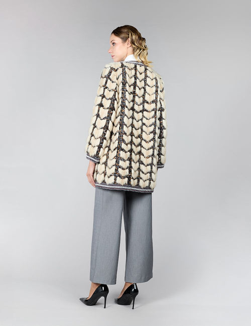 Cappotto in visone, senza collo, beige, 85 cm