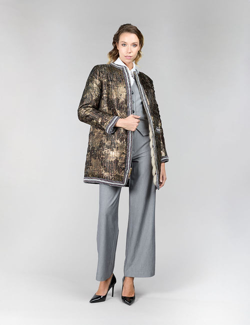 Cappotto in visone, senza collo, beige, 85 cm