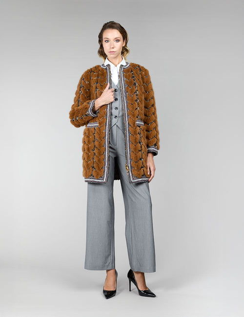 Cappotto in visone, senza collo, curry, 85 cm