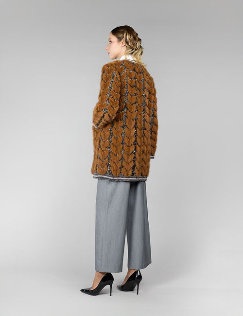 Manteau en vison, sans col, curry, 85 cm