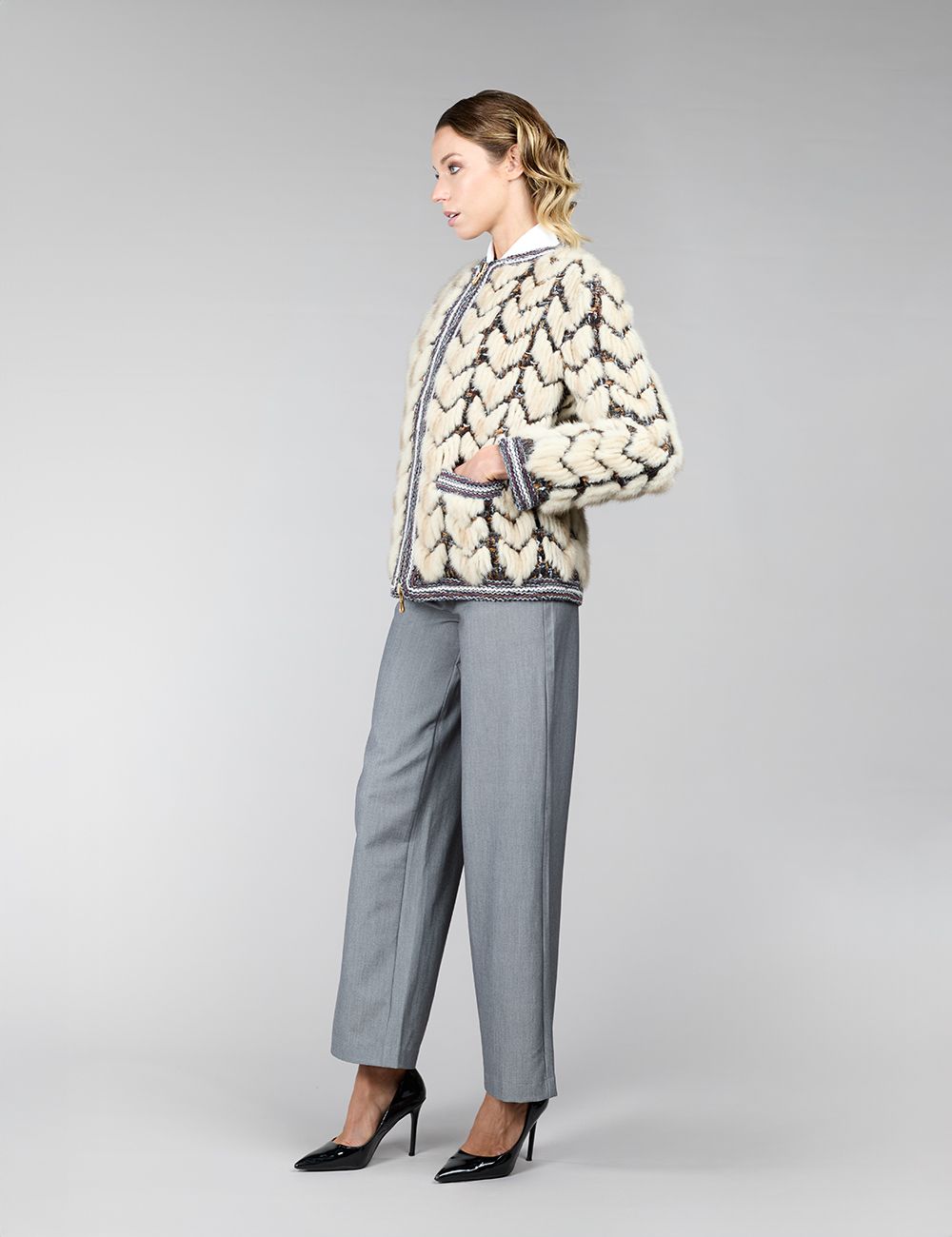 Giacca reversibile in visone, lavorazione geometrica, beige, 65 cm