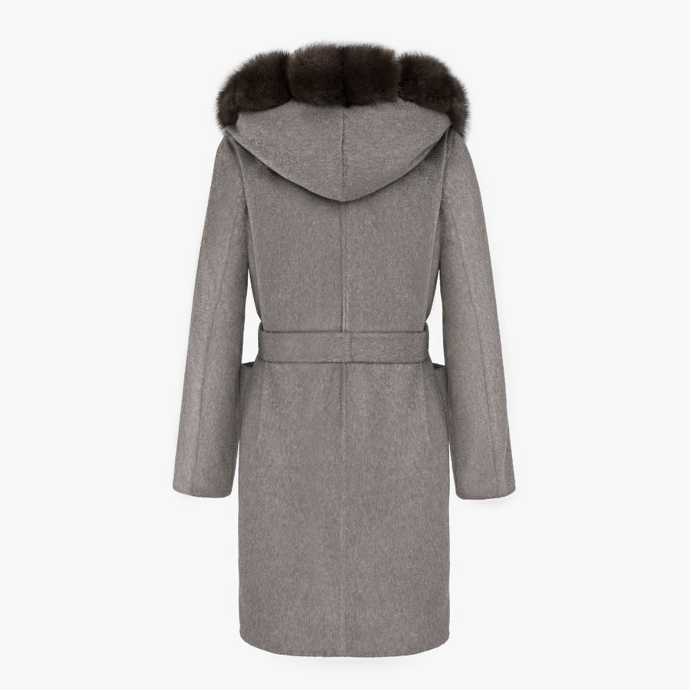 Cappotto corto in cashmere con cappuccio e bordo in zibellino grigio 90 cm