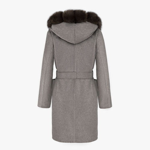 Manteau court en cachemire avec capuche et bordure en zibeline grise de 90 cm