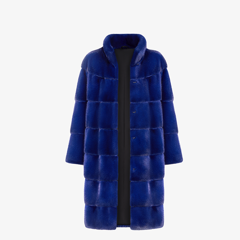 Cappotto di visone con collo alto blu elettrico 100 cm