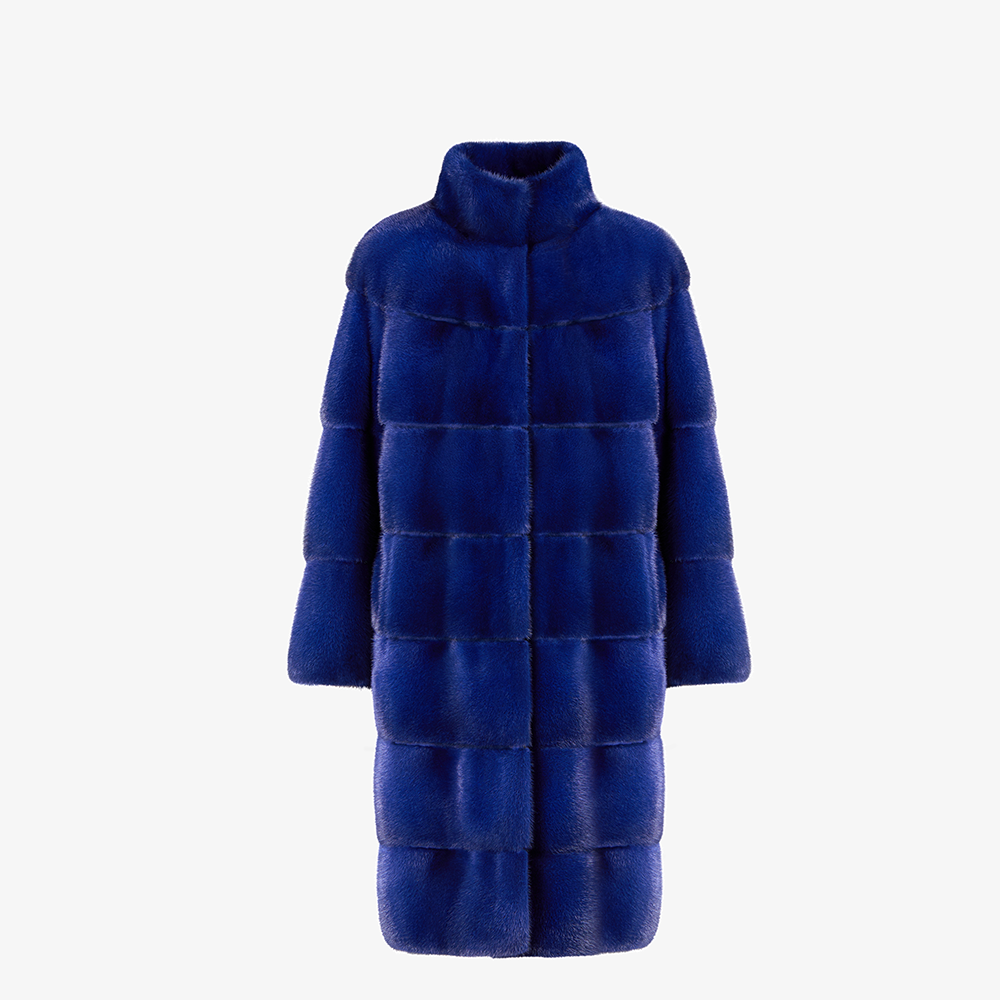 Cappotto di visone con collo alto blu elettrico 100 cm