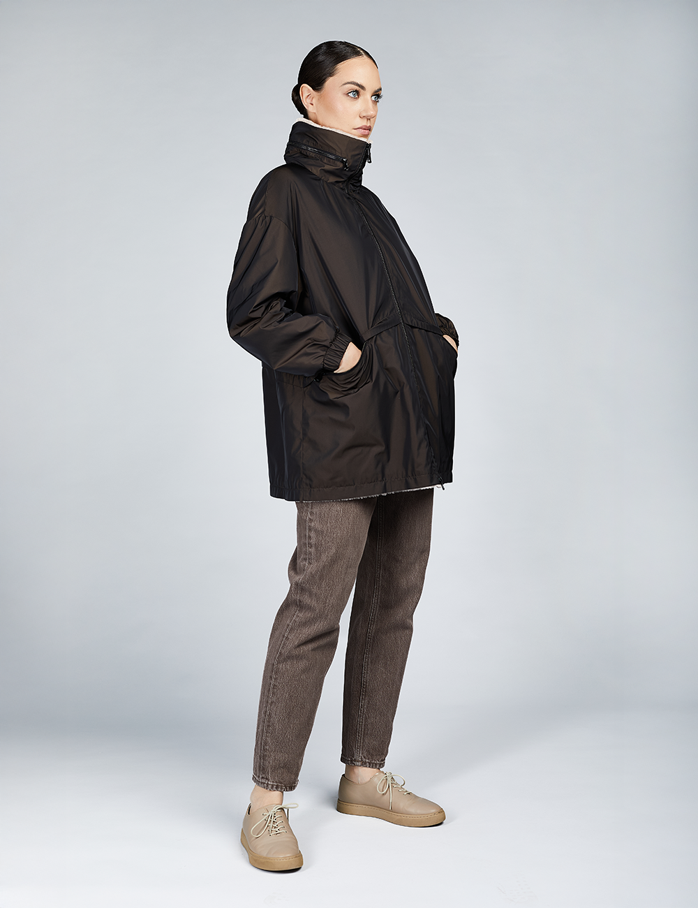 Giacca oversized in montone reversibile rosa 75cm