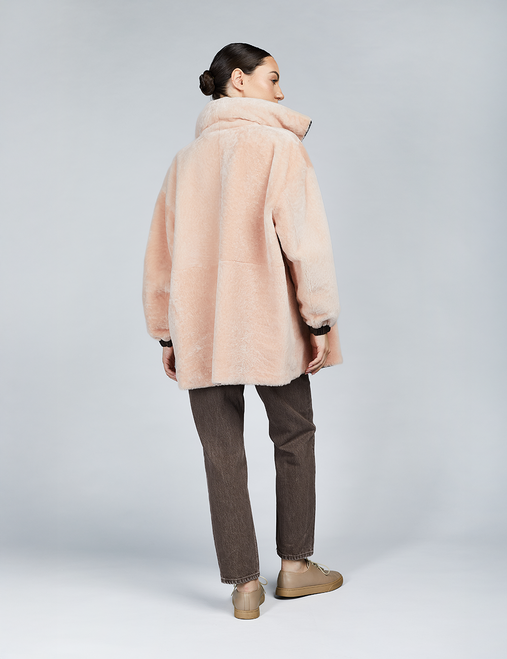 Giacca oversized in montone reversibile rosa 75cm