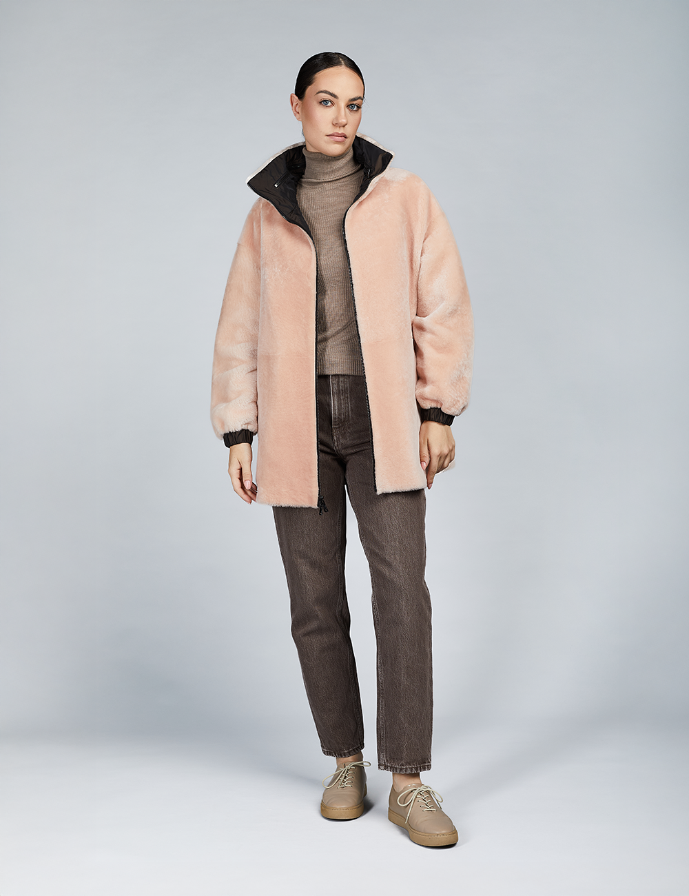 Giacca oversized in montone reversibile rosa 75cm