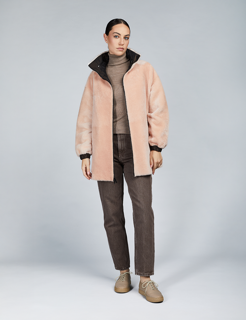 Giacca oversized in montone reversibile rosa 75cm