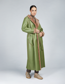 Cappotto lungo in montone con cintura e bottoni verde oliva 125cm