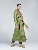 Manteau long en peau de mouton avec ceinture et boutons vert olive 125cm