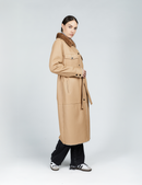 Cappotto in montone lungo con cintura e collo di visone beige 115cm
