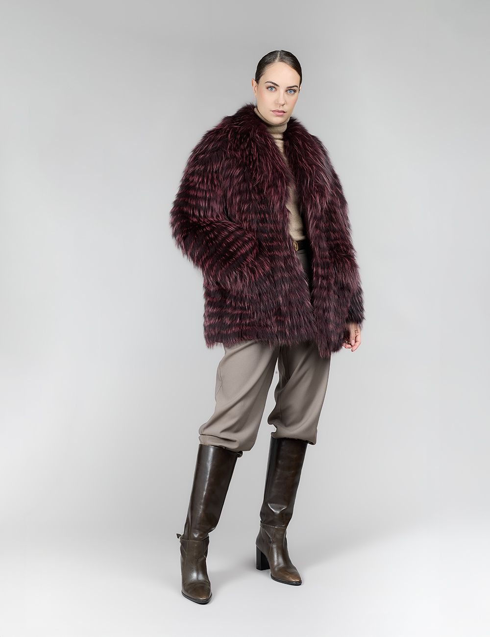 Giacca reversibile con pelliccia di volpe filettata, bordeaux, 72 cm