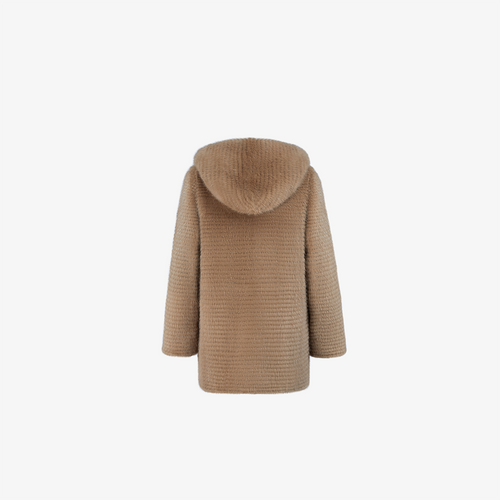 Mantella di visone filettato reversibile con cappuccio cammello 75cm