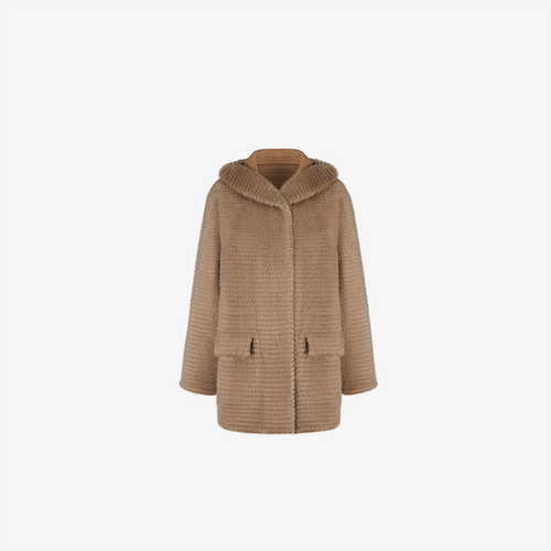 Mantella di visone filettato reversibile con cappuccio cammello 75cm