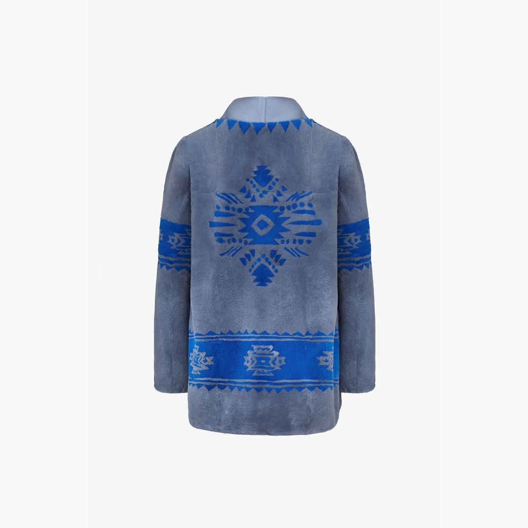 Cardigan in rex con stampa tribale e cintura azzurro 75cm