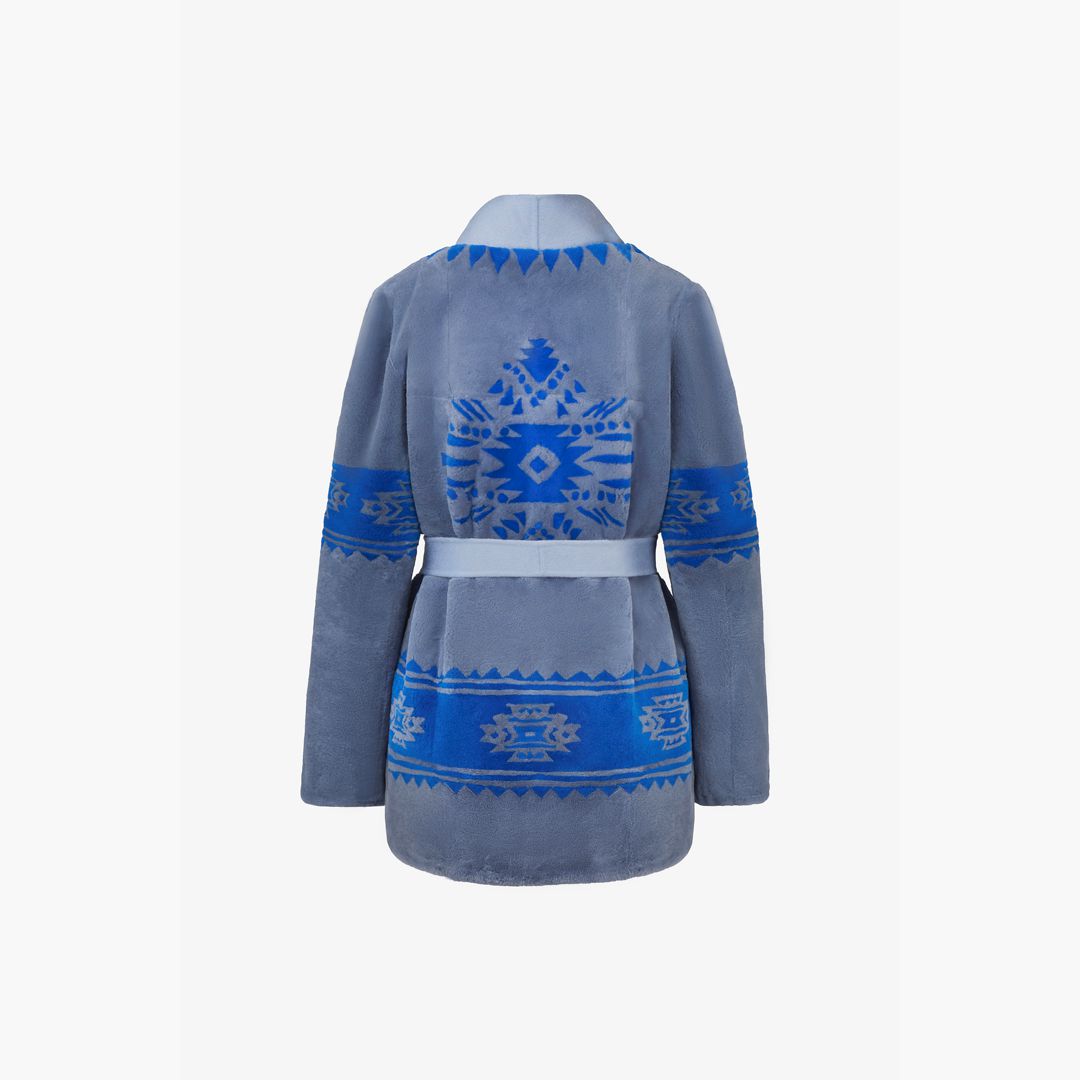 Cardigan in rex con stampa tribale e cintura azzurro 75cm