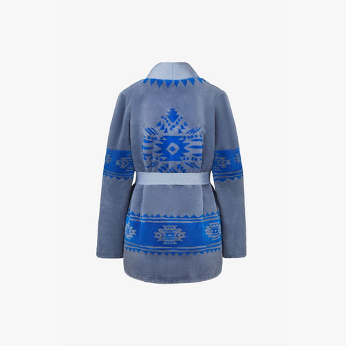 Cardigan in rex con stampa tribale e cintura azzurro 75cm