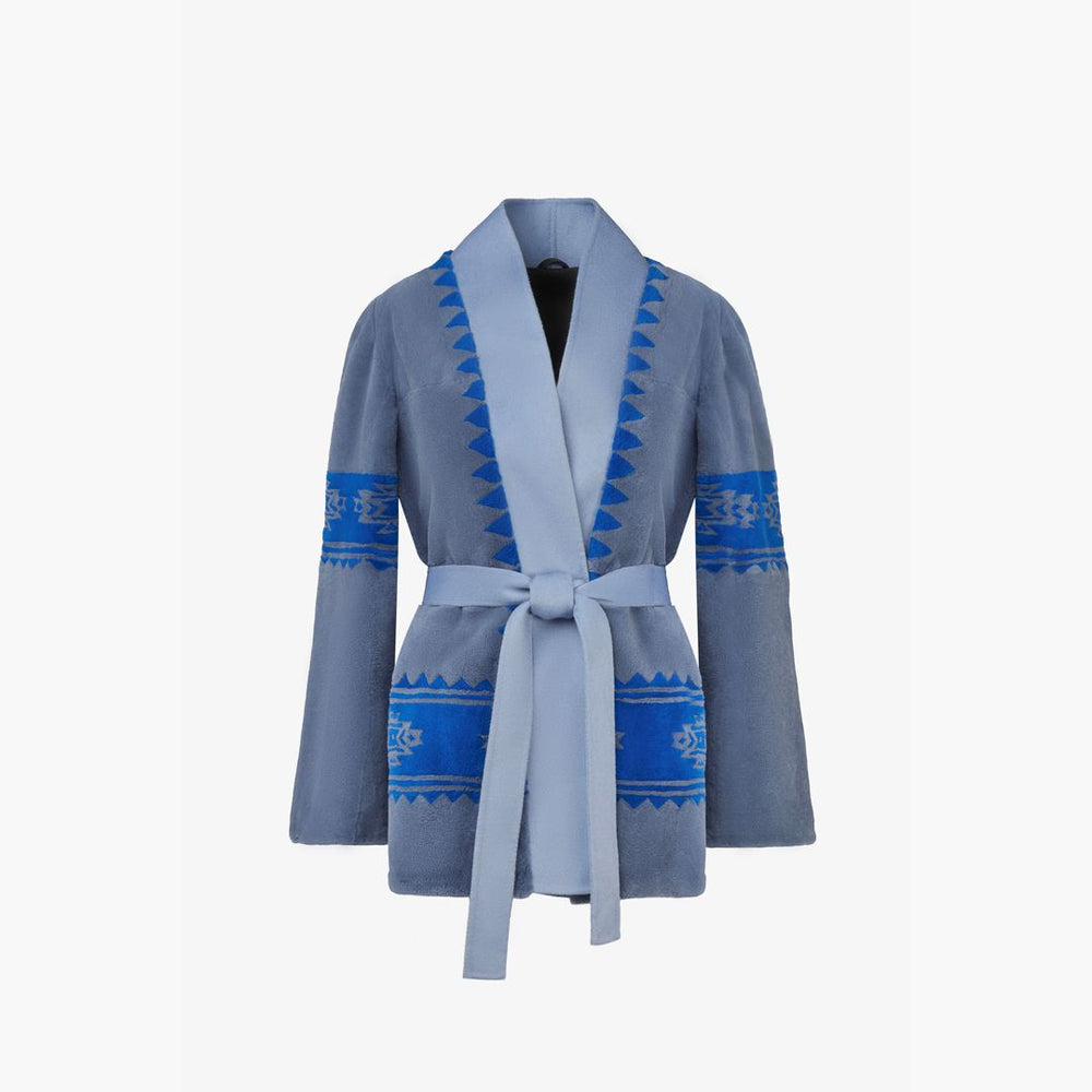 Cardigan in rex con stampa tribale e cintura azzurro 75cm
