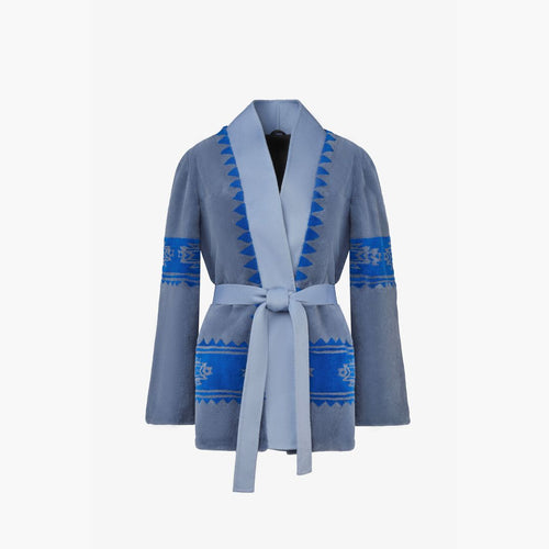Cardigan in rex con stampa tribale e cintura azzurro 75cm