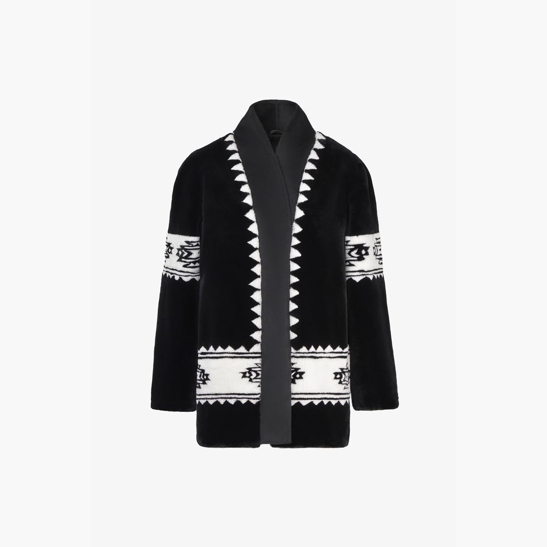 Cardigan in rex con stampa tribale e cintura nero 75 cm