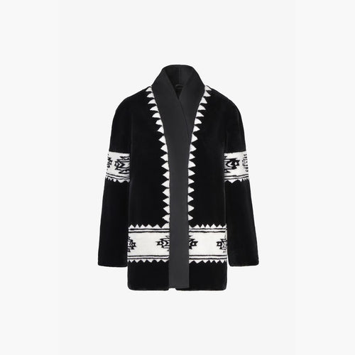 Cardigan in rex con stampa tribale e cintura nero 75 cm