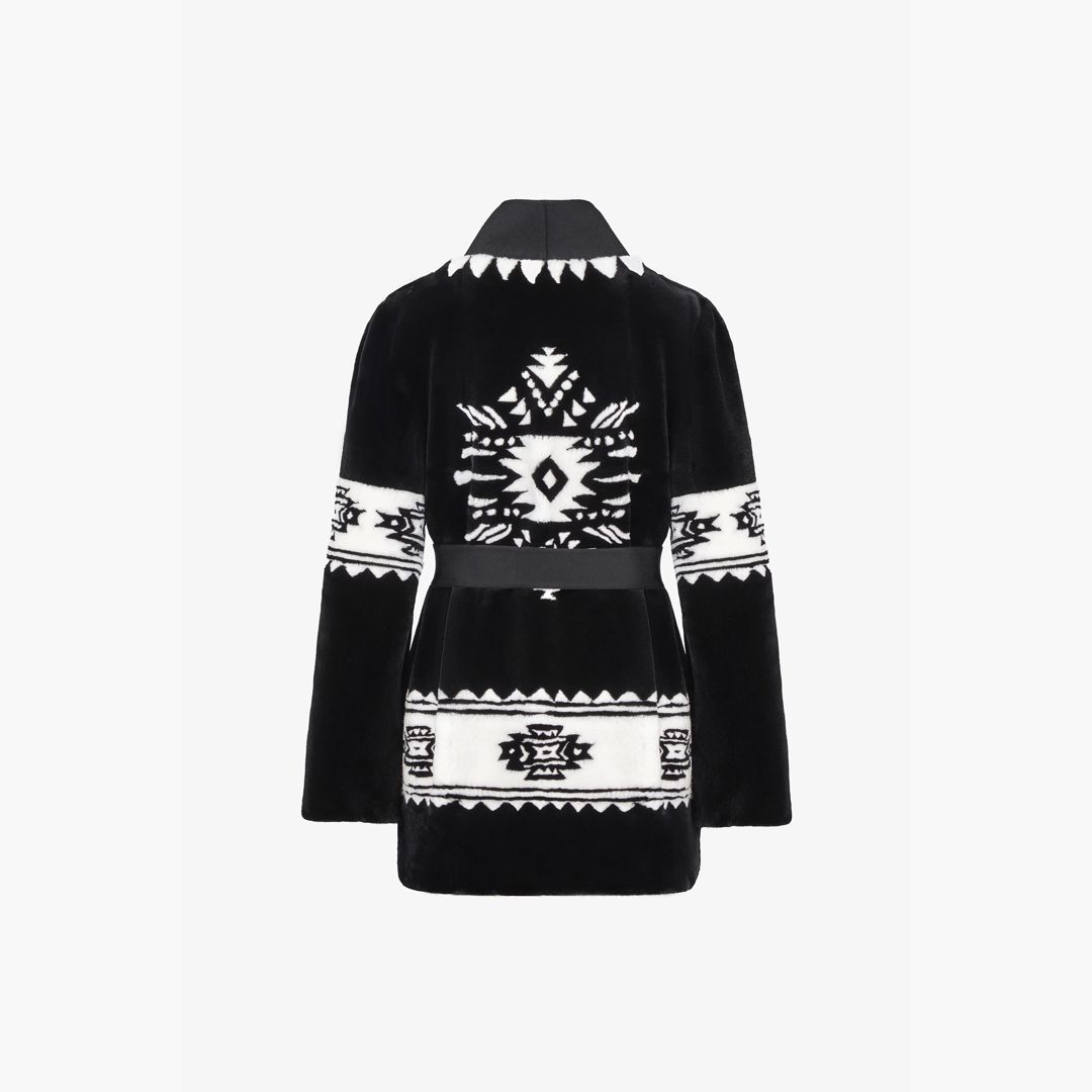 Cardigan in rex con stampa tribale e cintura nero 75 cm